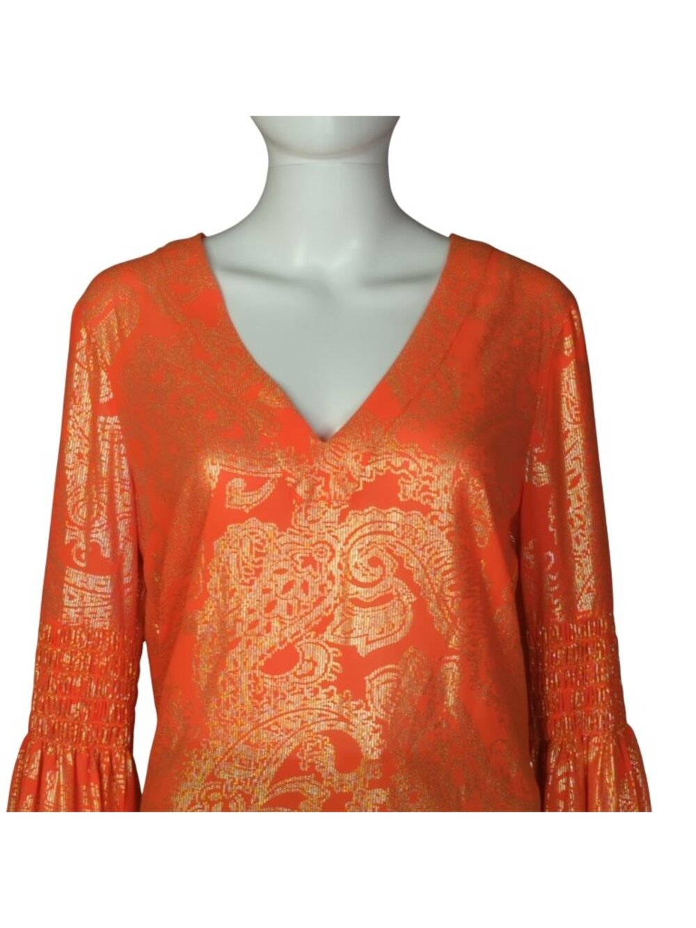 MICHAEL KORS Poppy Gold SAMARA Bell Sleeve V Neck Blouse, Women's Small